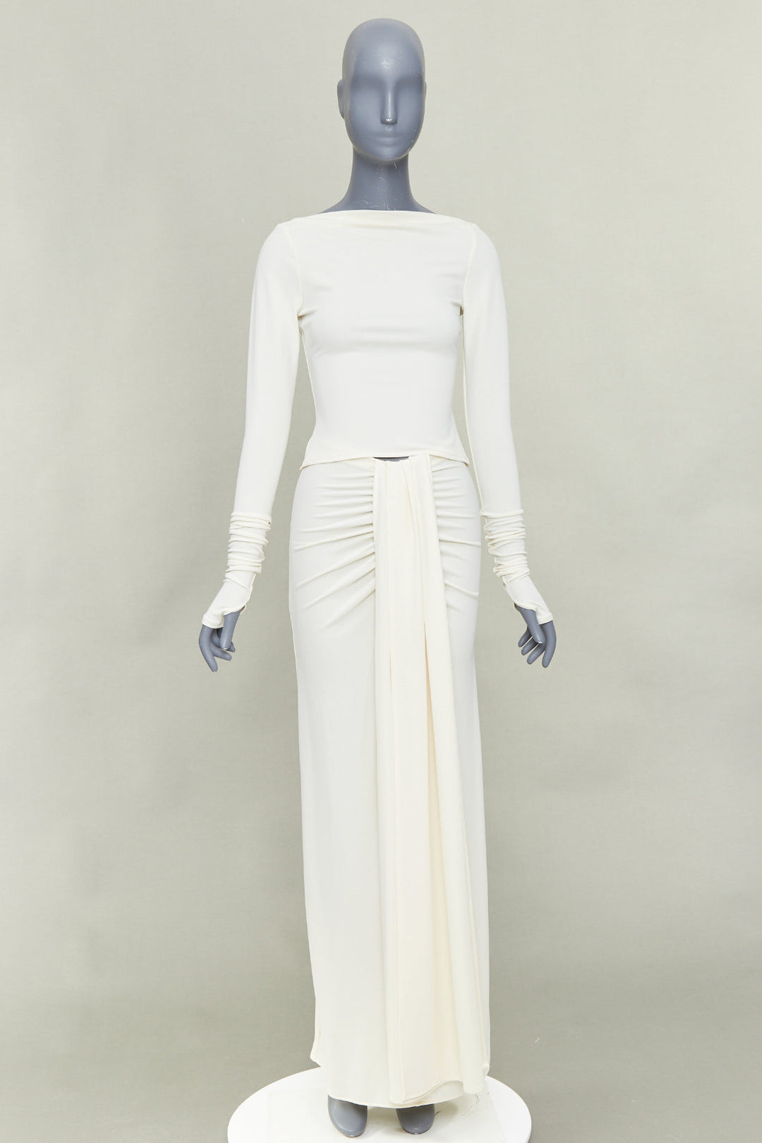 HELSA 2023 ivory matte jersey boatneck backless top draped wrap skirt set XS