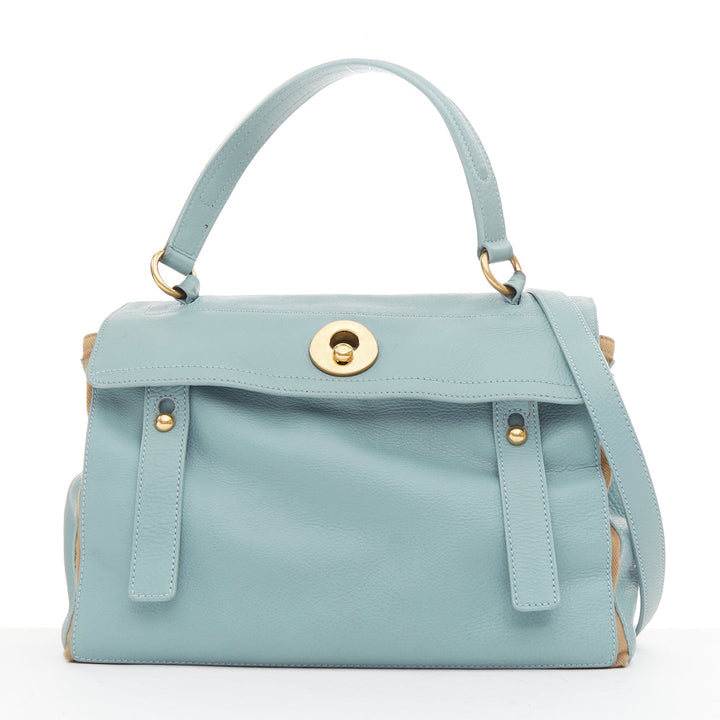 YVES SAINT LAURENT Muse 2 glacier blue canvas gold hardware leather satchel bag