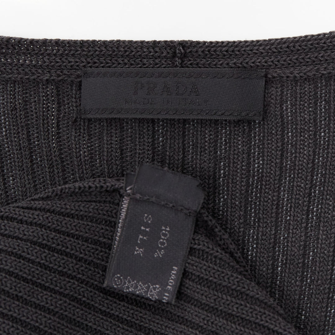 PRADA black 100% silk classic minimal ribbed Vneck long sleeve top IT42 M