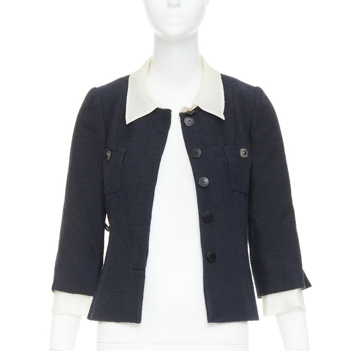 CHANEL 2010 Karl Lagerfeld Runway black cream silk trim collar crop coat FR36 S