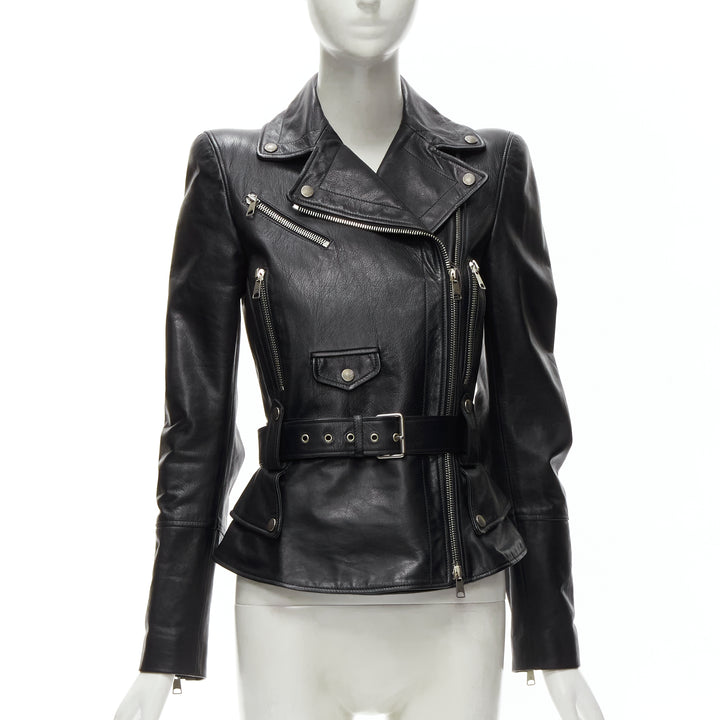 ALEXANDER MCQUEEN 2010 black leather belted peplum biker jacket IT38 XS