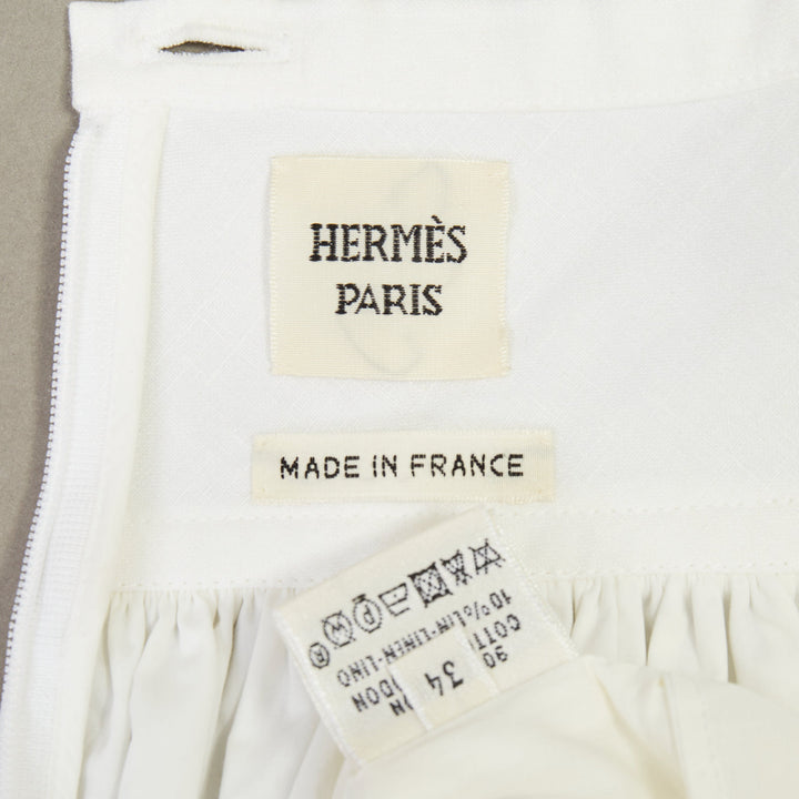 HERMES white cotton linen pleated drop waist casual flared midi skirt FR34 XS