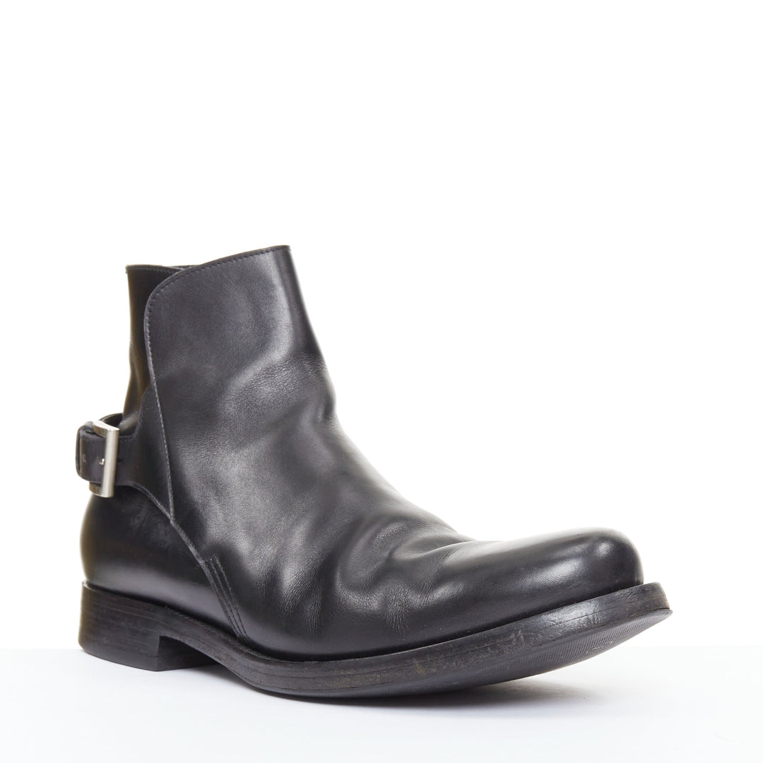 PRADA black calfskin silver rear buckle overlap round  ankle boots UK9.5 EU43.5