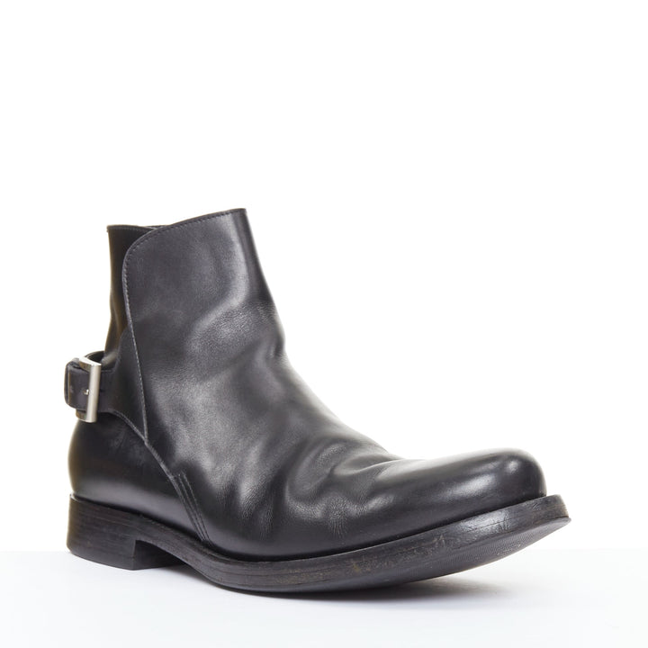 PRADA black calfskin silver rear buckle overlap round  ankle boots UK9.5 EU43.5