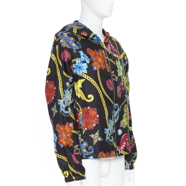 VERSACE 100% silk SS19 Vintage Jewel Floral Gold Chain hoodie jacket IT48 M