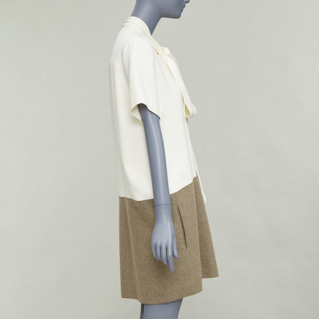 OLD CELINE Phoebe Philo cream taupe silk wool felt drop waist shirt dress FR38 M