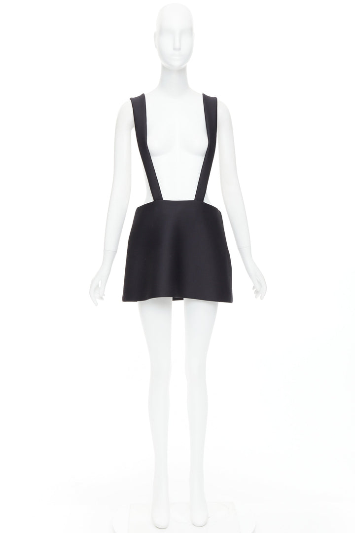 PRADA 2023 black virgin wool blend logo bow back suspender mini skirt IT40 S