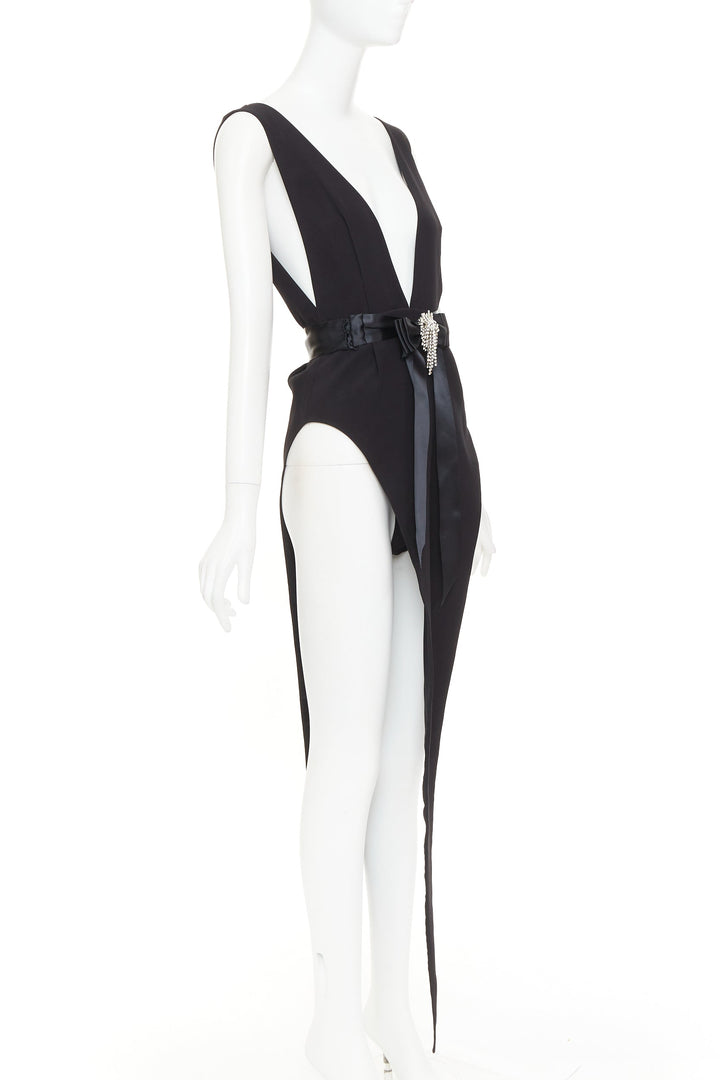 ALEXANDRE VAUTHIER COUTURE 2021 Runway black plunge brooch belt slit bodysuit