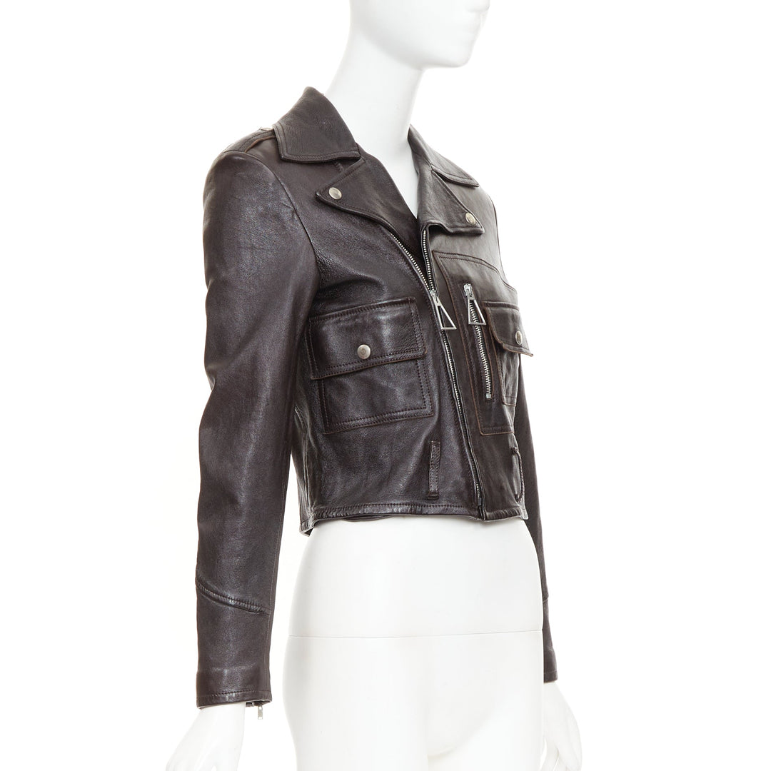 SAINT LAURENT 2016 black lambskin triangular zipper cropped biker jacket FR38