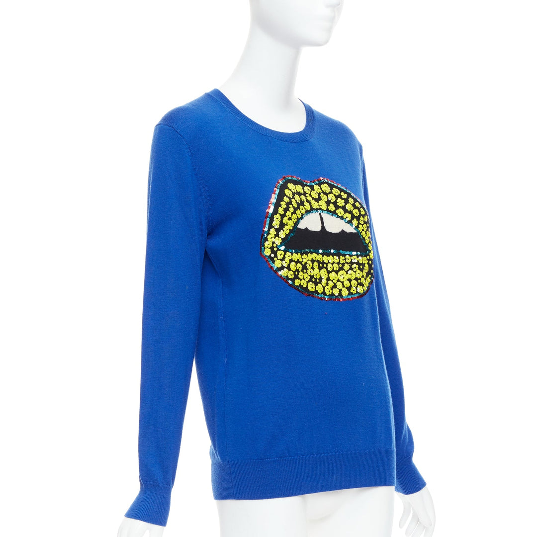 MARKUS LUPFER blue merino wool yellow sequin lip sweater S