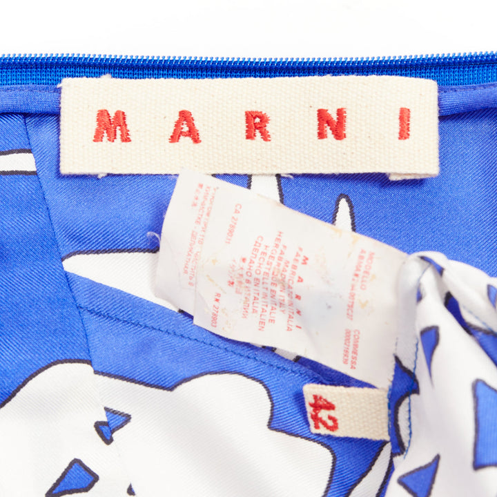 MARNI eletric blue white 100% silk abstrct floral pleated sheath dress IT42 M