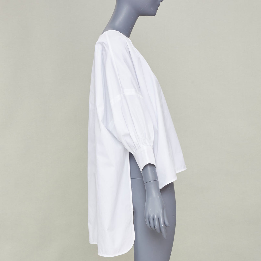 S MAX MARA 2024 Maya Asymmetric gather neck white cotton poplin blouse IT34 XXS