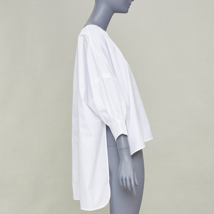 S MAX MARA 2024 Maya Asymmetric gather neck white cotton poplin blouse IT34 XXS