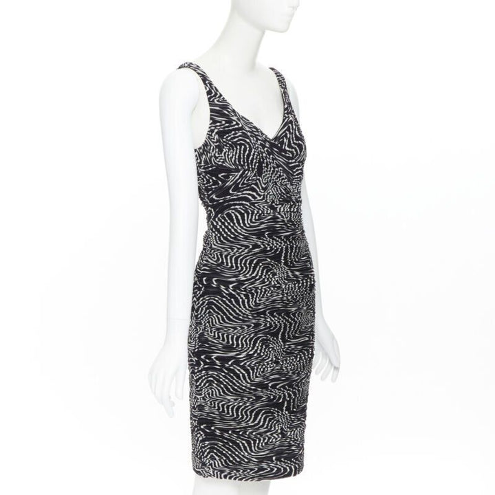 VERSACE 100% silk black white swirl print ruche pleated cocktail dress IT38 S