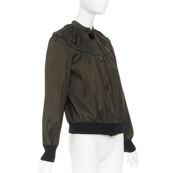 LANVIN 2006 olive green silk blend ruched rib contrast blouse overshirt FR36 S