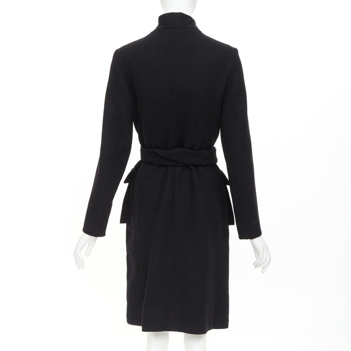 LANVIN 2003 black wool cargo pocket belted high neck zip front long coat FR36 S