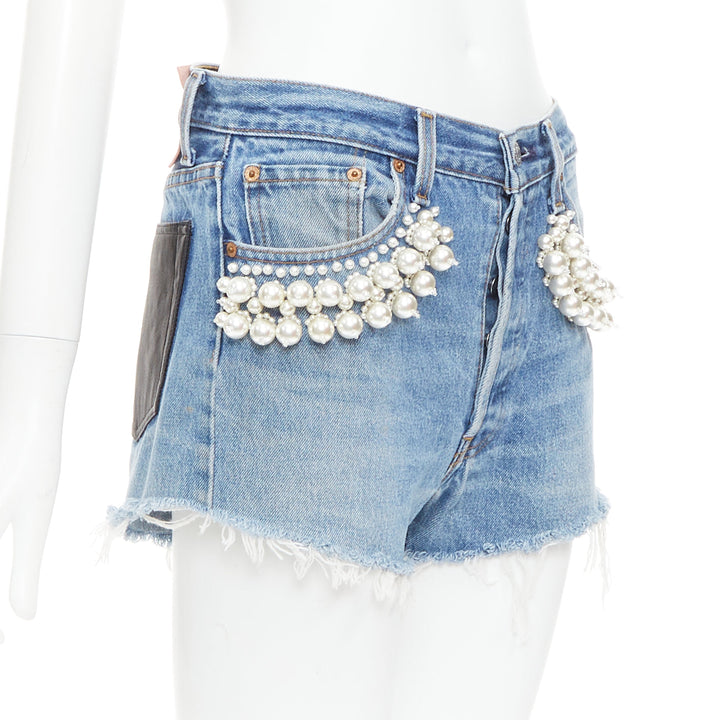 rare MIU MIU LEVI'S 2021 washed denim pearl embellished cut off shorts 25"