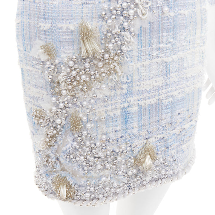 rare BALMAIN blue white tweed pearl bead embellished plunge mesh dress FR34 XS