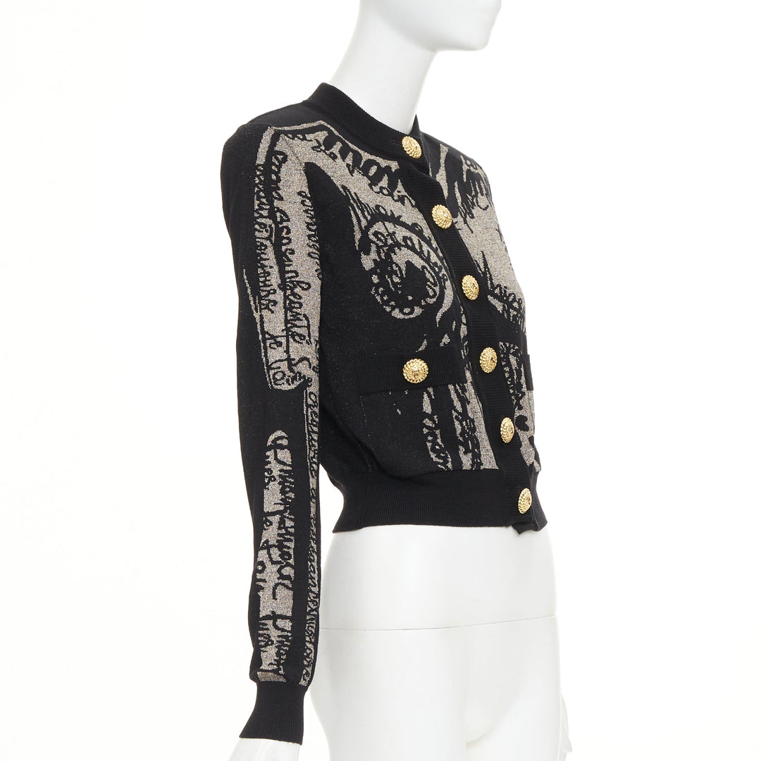 BALMAIN black bronze wool blend metallic scribble jacquard cardigan FR34 XS