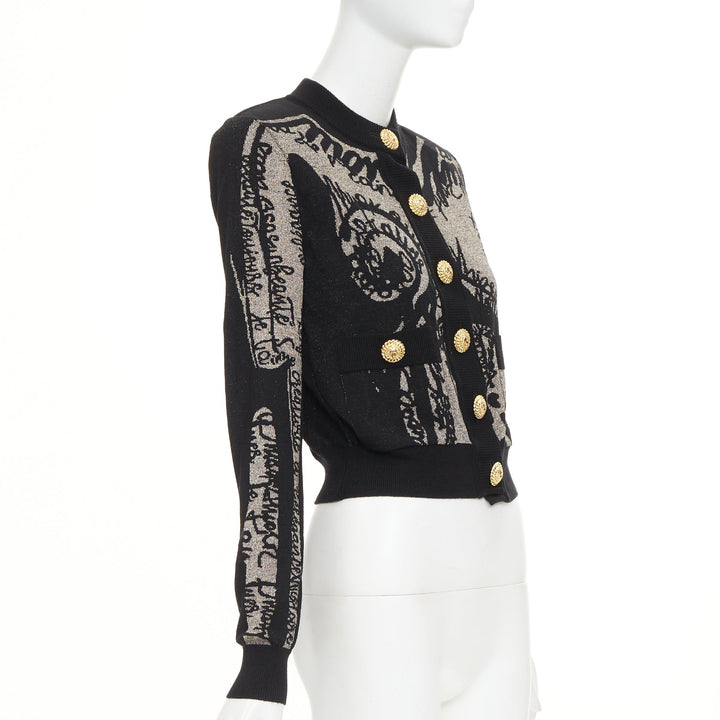 BALMAIN black bronze wool blend metallic scribble jacquard cardigan FR34 XS