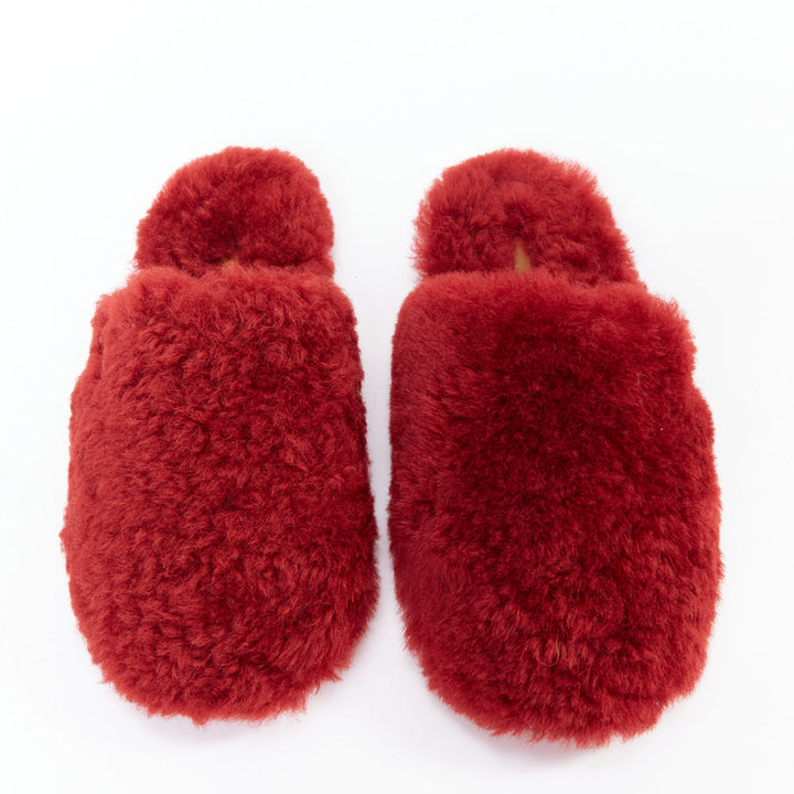 LOEWE red shearling brown anagram leather tag slipper mules EU37