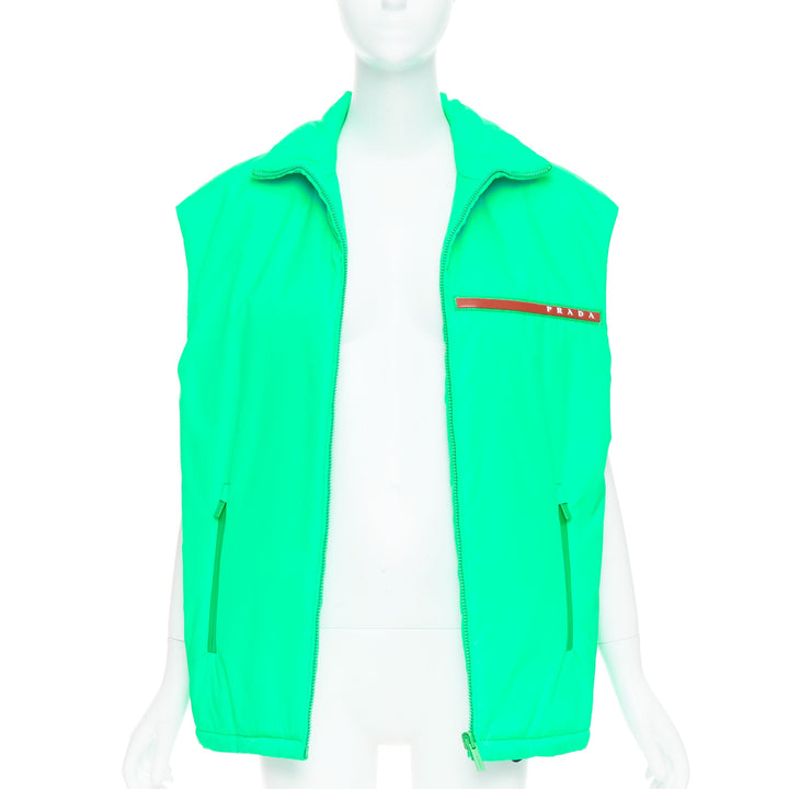 PRADA 2018 Linea Rossa Primaloft neon green nylon red logo puffer vest S