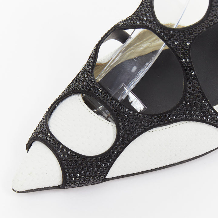 RENE CAOVILLA black white crystal cage ankle strap stiletto pumps EU37 US7