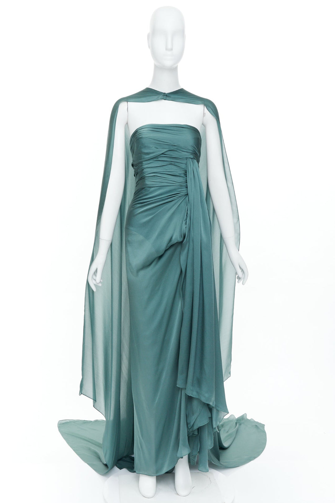 ALEXANDRE VAUTHIER COUTURE 2020 Runway petrol jewel green strapless cape gown