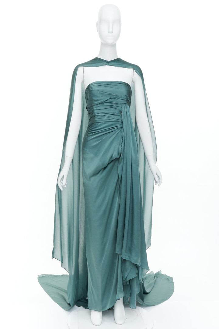 ALEXANDRE VAUTHIER COUTURE 2020 Runway petrol jewel green strapless cape gown