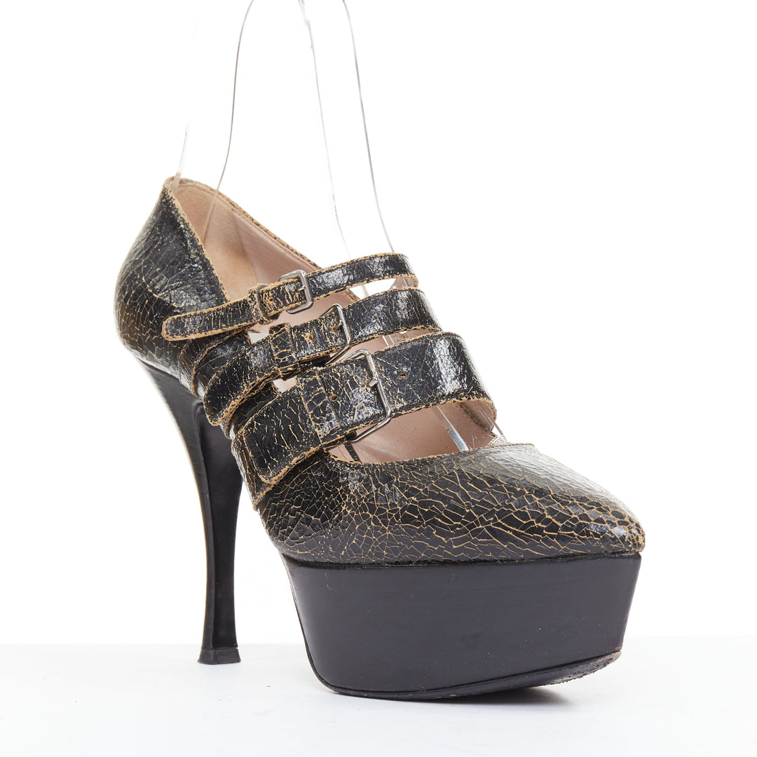 MIU MIU dark brown cracked effect leather triple strap platform heels EU37