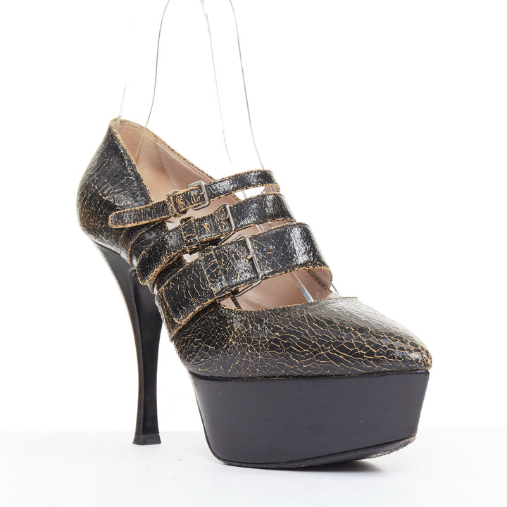MIU MIU dark brown cracked effect leather triple strap platform heels EU37