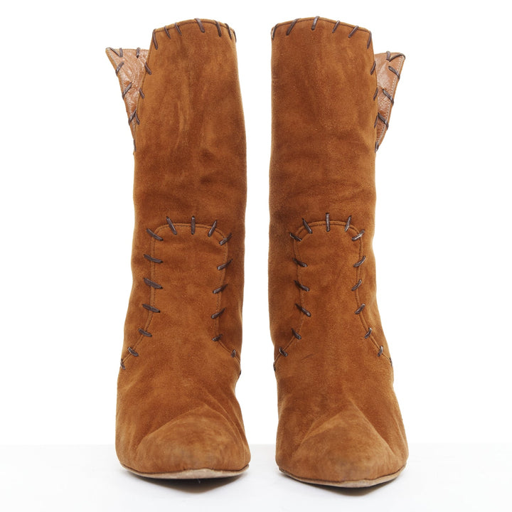 MANOLO BLAHNIK Vintage brown suede overstitch detail heeled ankle boots EU39.5