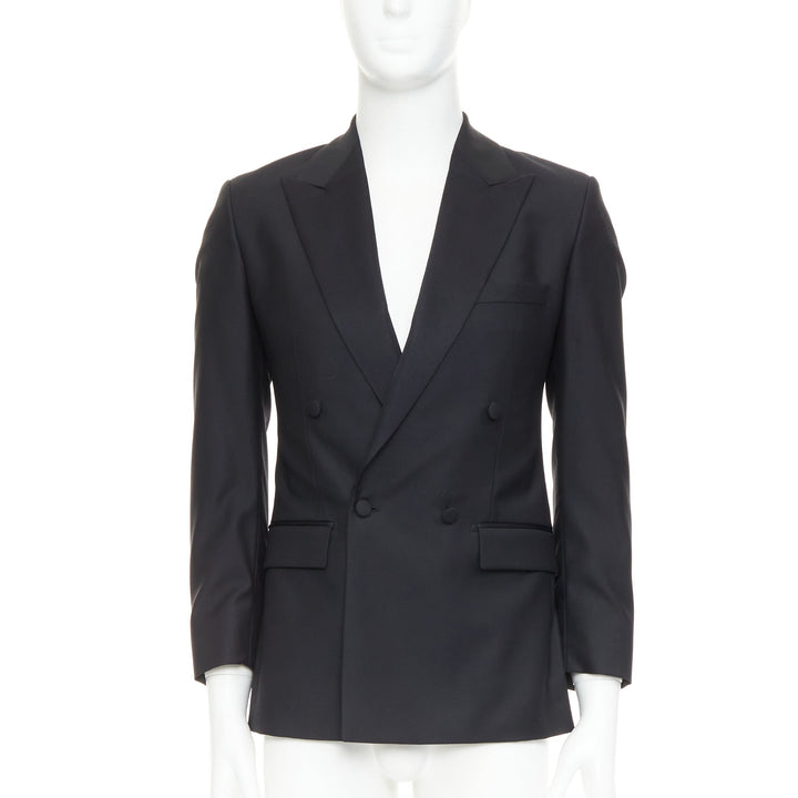 HAYWARD black wool mohair peak lapel double breasted tuxedo suit Sz36 XS