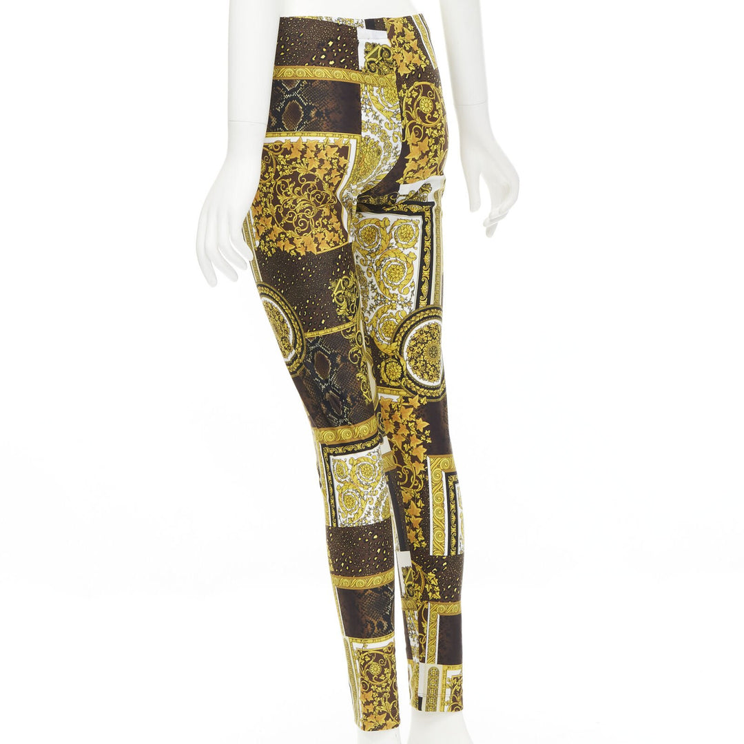 VERSACE Mosaic Barocco black gold brown scaled stretchy leggings S IT40