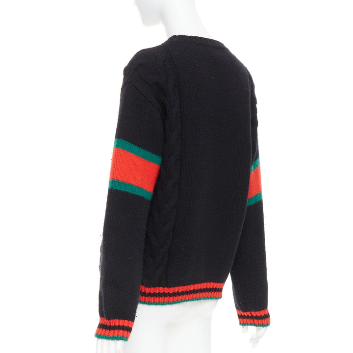 GUCCI 2021 black wool red green trim cable braid crew neck sweater XS