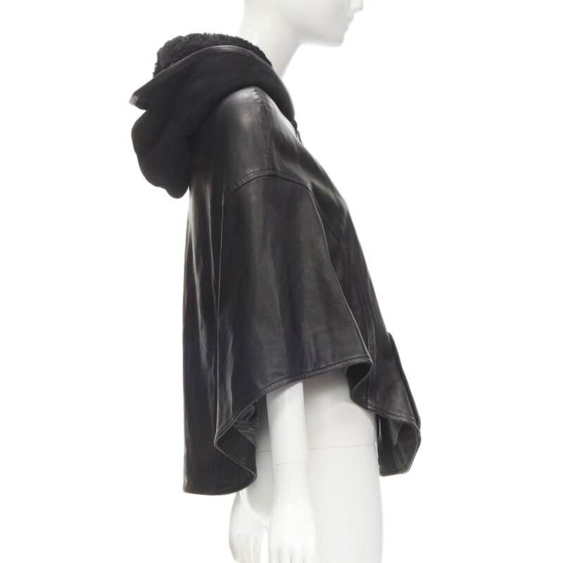 INES ET MARECHAL black lambskin leather shearling hood circle cape IT38 XS