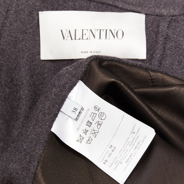 VALENTINO dark grey wool angora brown leather cape sleeve layered coat IT38 XS