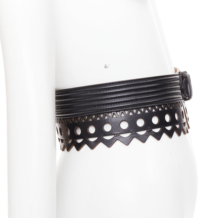 ALAIA Vienne black leather laser cut scalloped  wide waist belt 65cm
