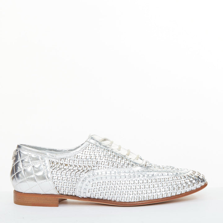 CHANEL 2016 interlocking CC metallic silver woven leather oxford EU39 US9