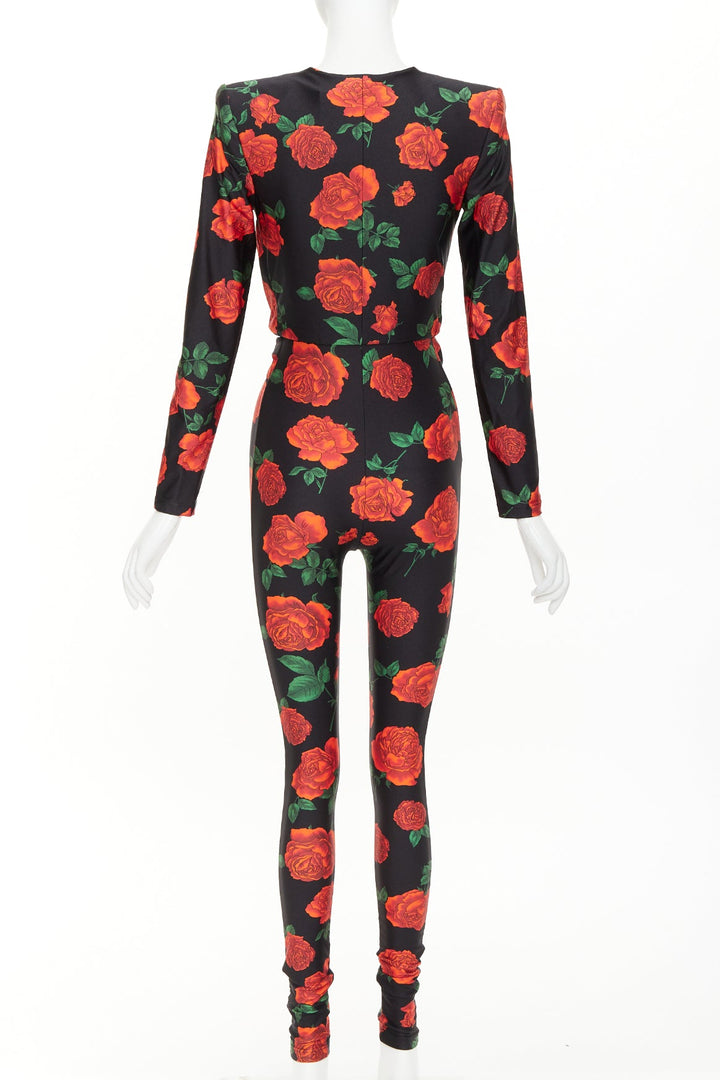 SAINT LAURENT 2022 Runway twist plunging black red rose floral jersey catsuit S