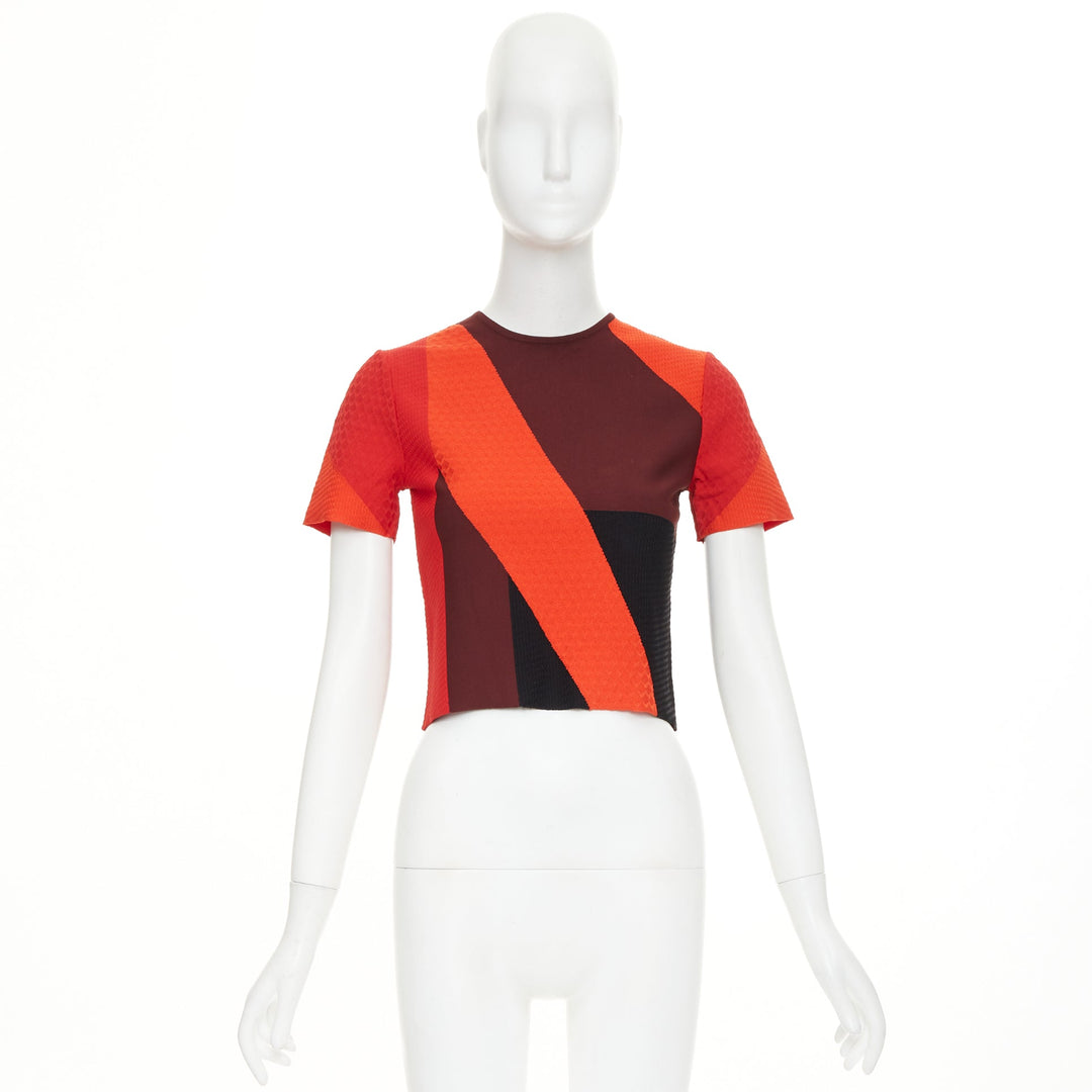 ALEXANDER MCQUEEN red colorblock mixed stitch short sleeve crop knit top XS
