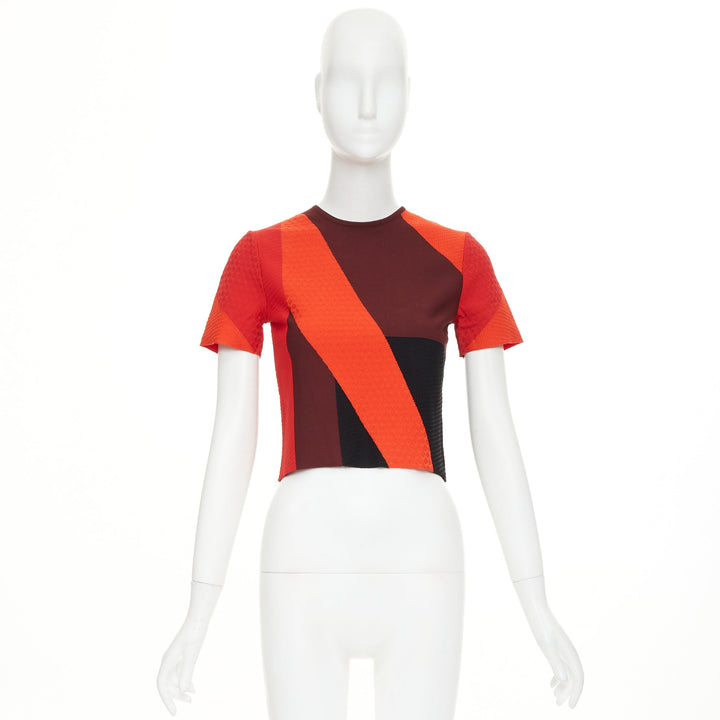 ALEXANDER MCQUEEN red colorblock mixed stitch short sleeve crop knit top XS