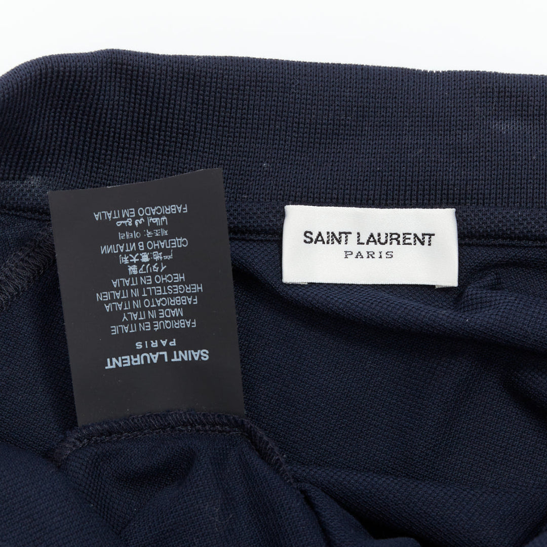 SAINT LAURENT navy pique logo embroidery cropped polo shirt