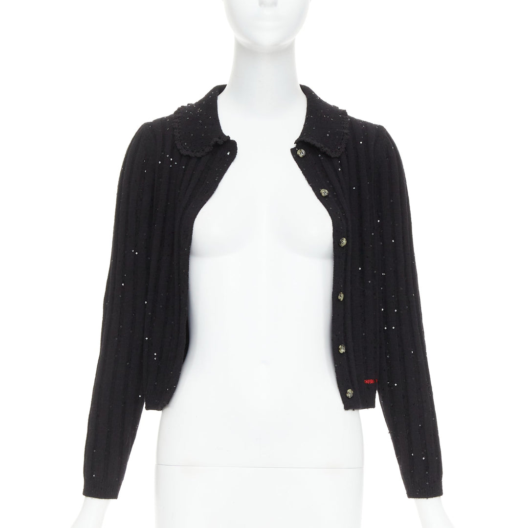 SHUSHU TONG black sequins wool cotton blend logo crop cardigan UK6 XS