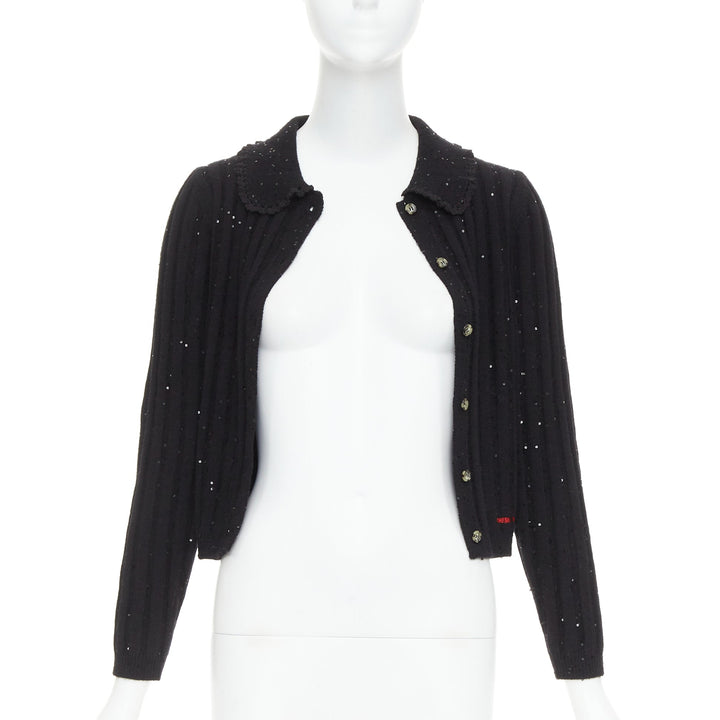 SHUSHU TONG black sequins wool cotton blend logo crop cardigan UK6 XS