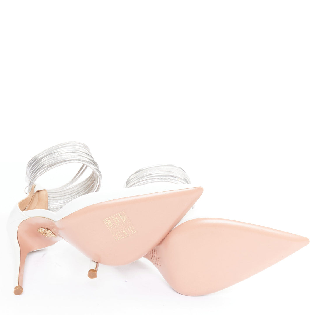 AQUAZZURA Hello Lover 105 white calf silver corded ankle strap pumps EU37.5