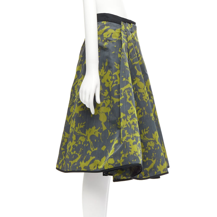 LOUIS VUITTON green floral jacquard velvet trim LV zip flared skirt