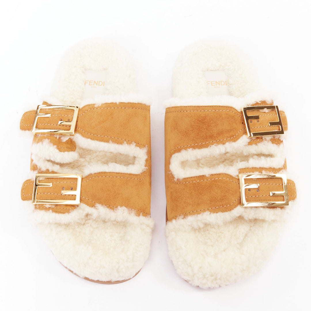 FENDI Feel tan brown suede shearling gold FF buckle sandal slides EU38