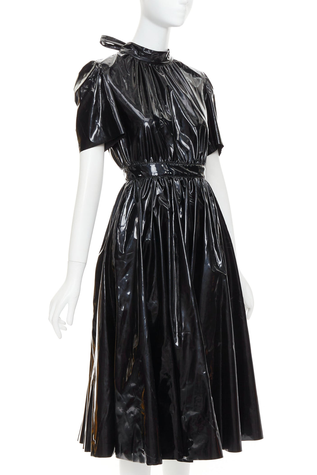 MSGM Vinyl Midi Nero black PVC short sleeve back bow tie midi dress IT38 XS