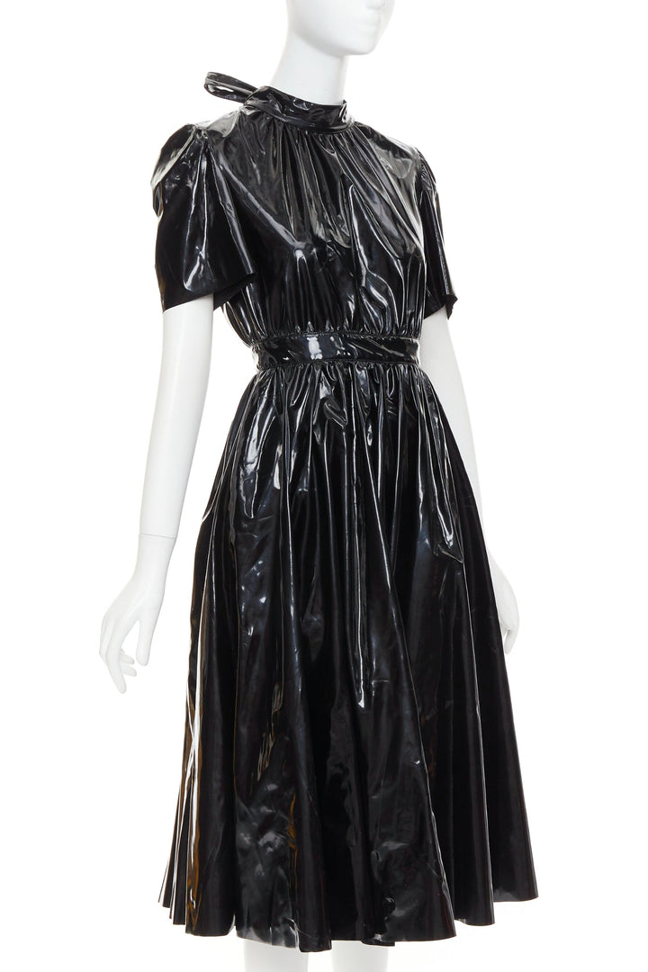 MSGM Vinyl Midi Nero black PVC short sleeve back bow tie midi dress IT38 XS